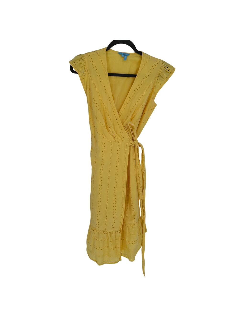 Draper James Wrap Dress Womens 0 Yellow Eyelet Lace Flutter Sleeve Knee Length